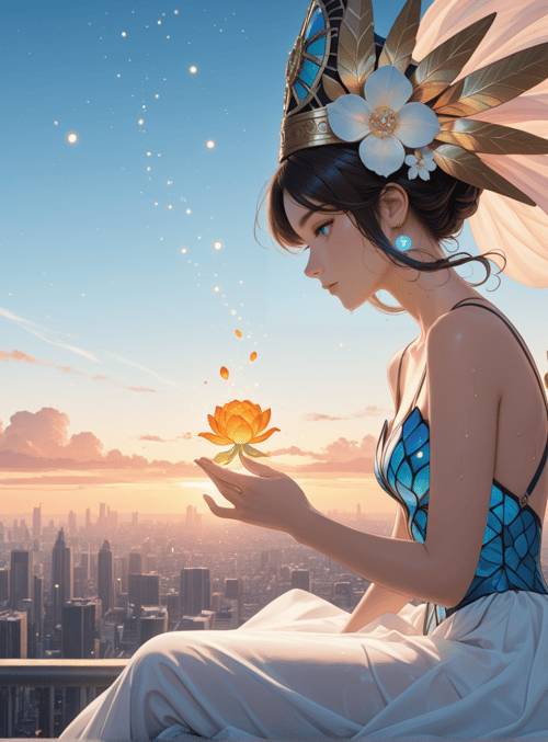 fairy, butterfly, lotus, cityscape, girl, dress