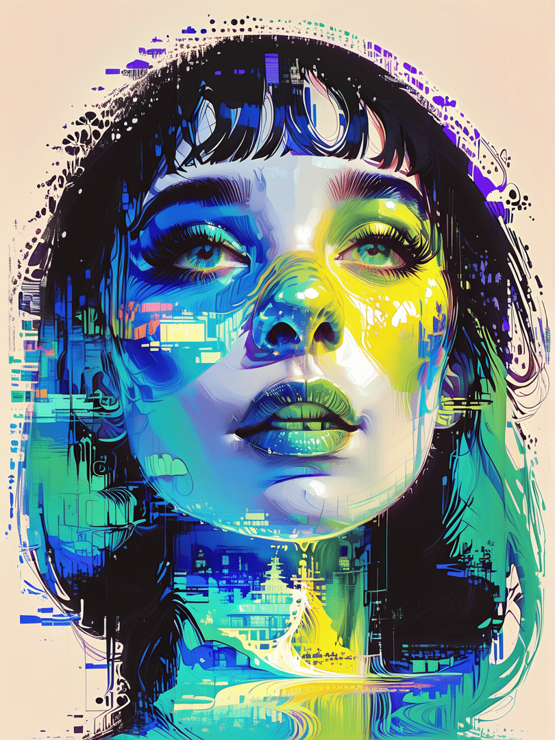 AI generated wallpaper featuring face, cityscape, digital, woman
