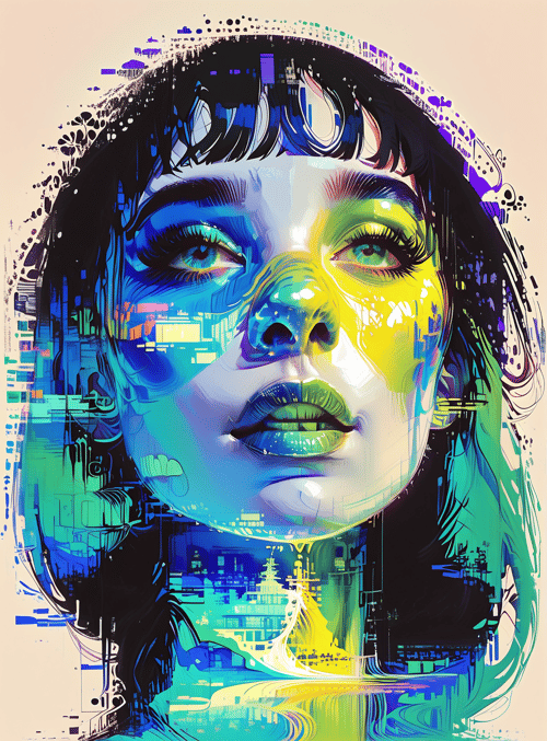 face, cityscape, digital, woman