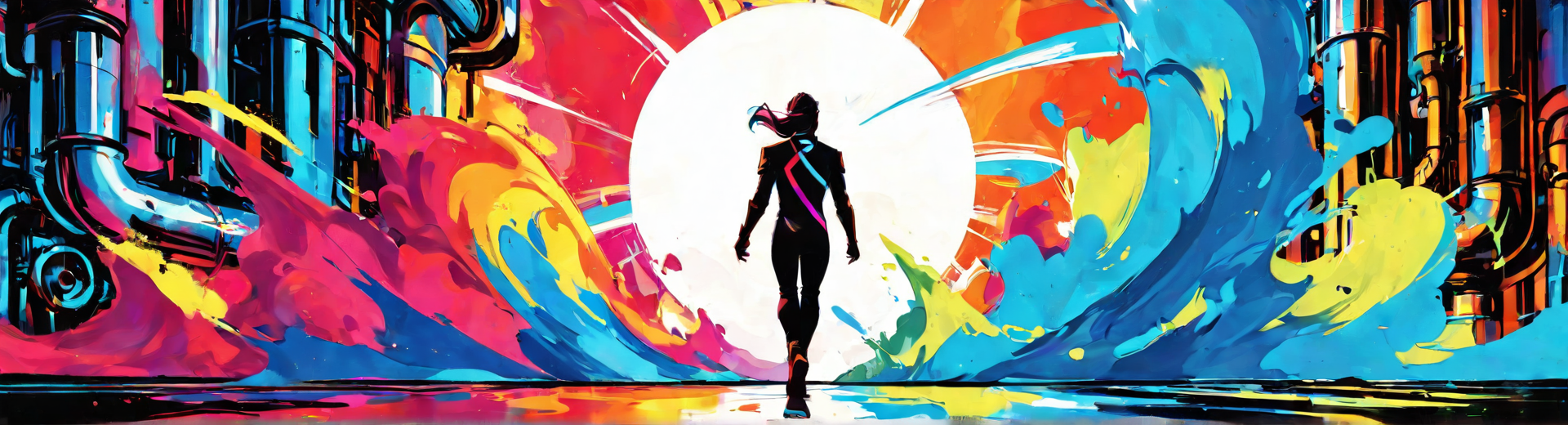 AI generated wallpaper featuring figure, silhouette, person, cityscape, abstract, painting
