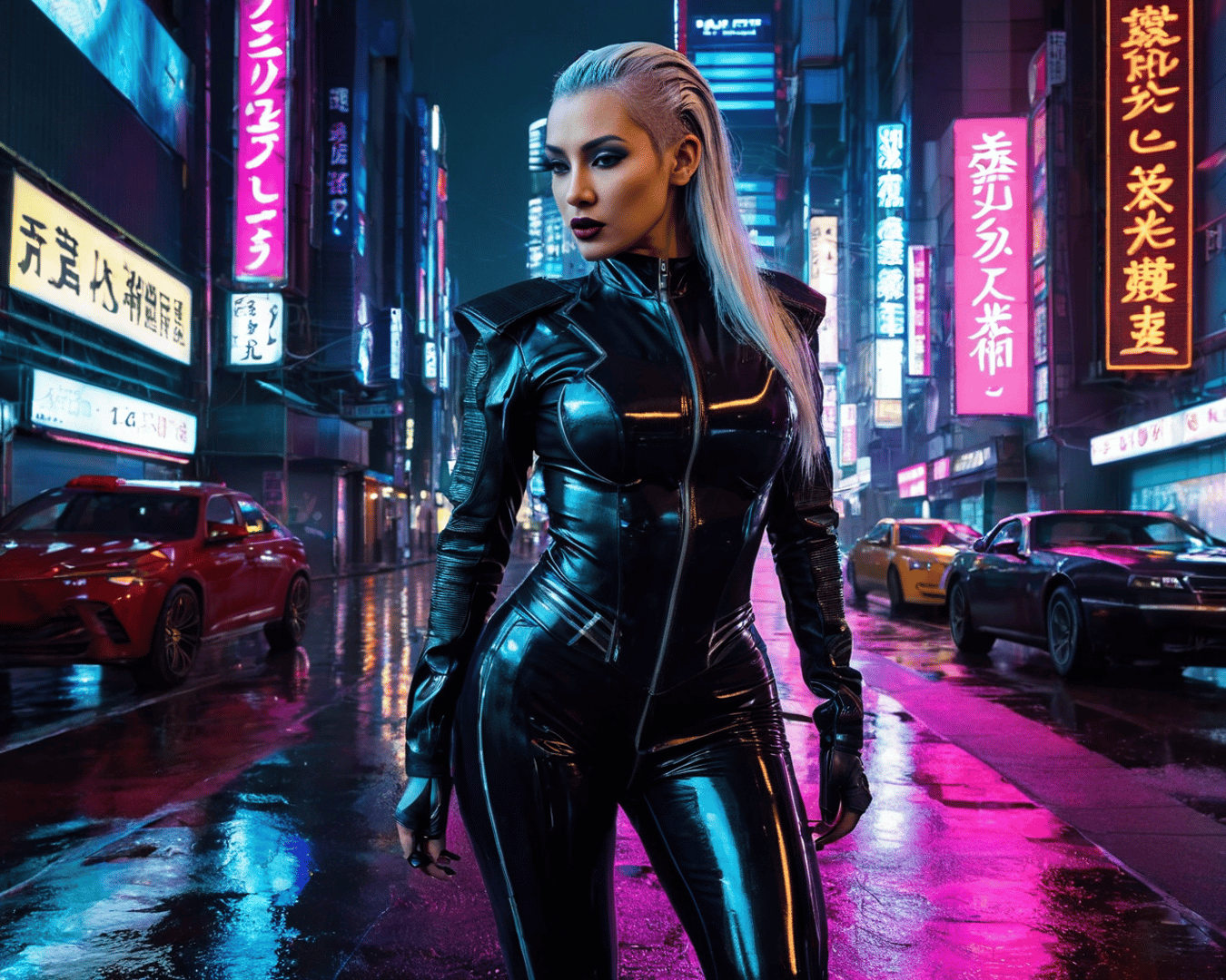 AI generated wallpaper featuring woman, cyberpunk, neon