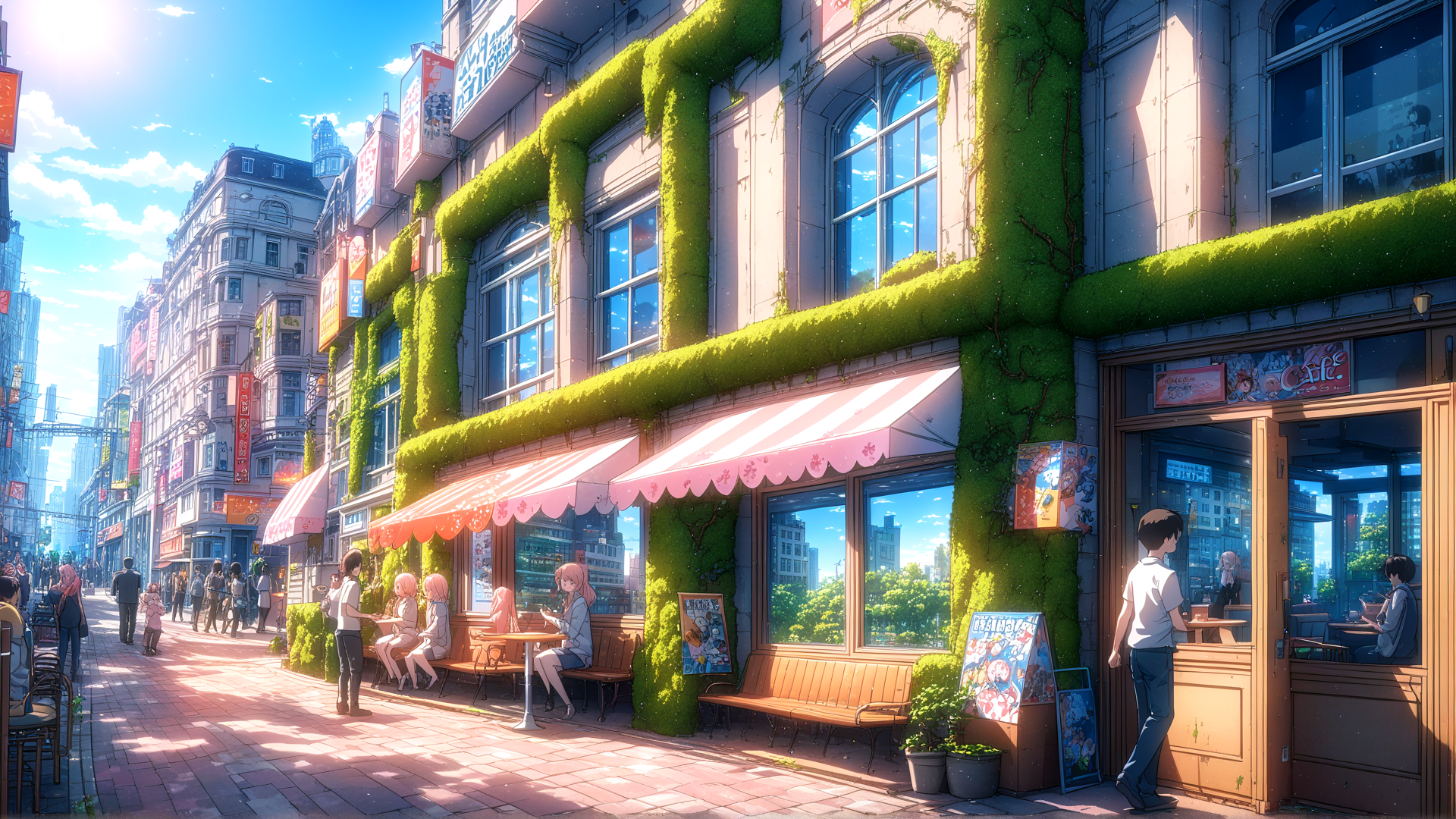 AI generated wallpaper featuring cafe, street, people