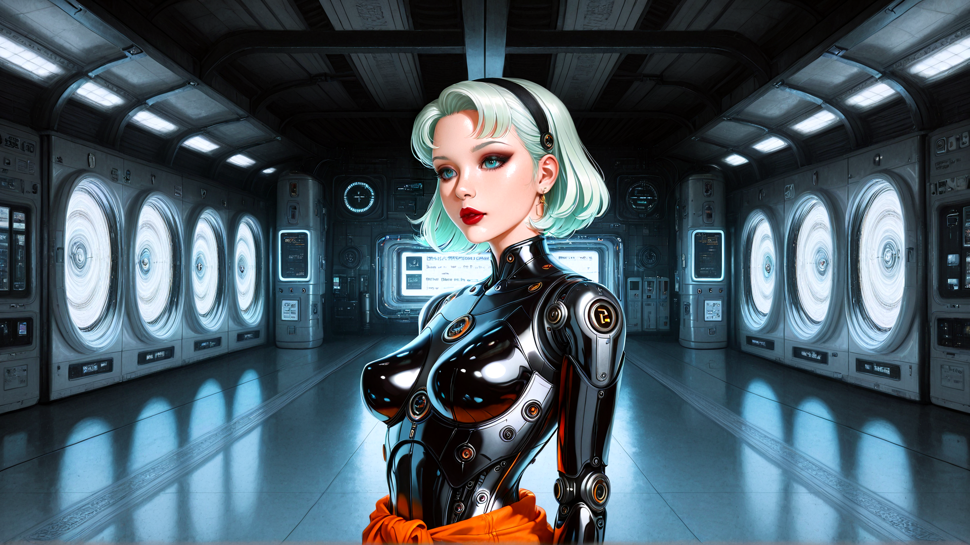 AI generated wallpaper featuring cyborg, robot, spaceship, corridor, window