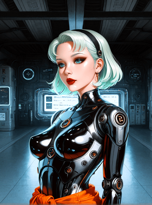 cyborg, robot, spaceship, corridor, window