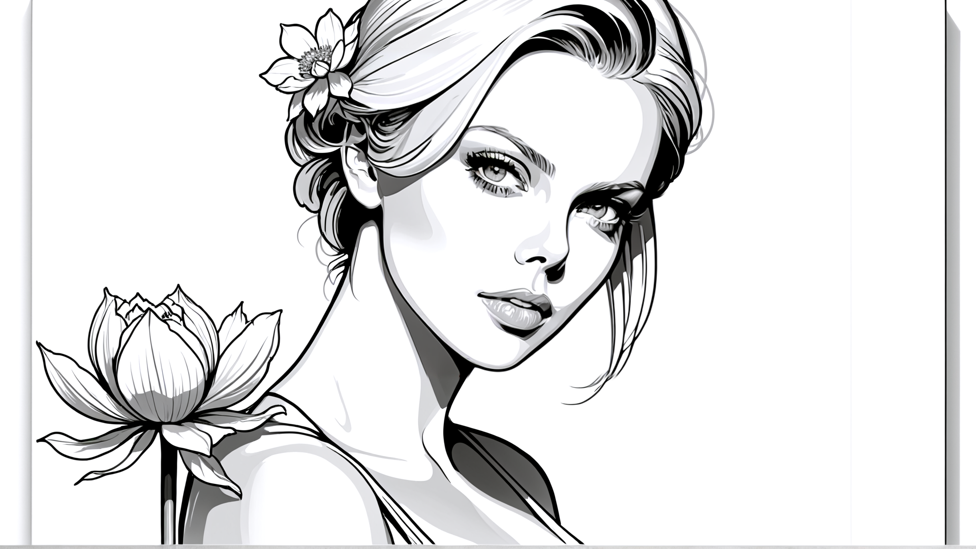 AI generated wallpaper featuring woman, flower, lotus, hair, blossom, portrait