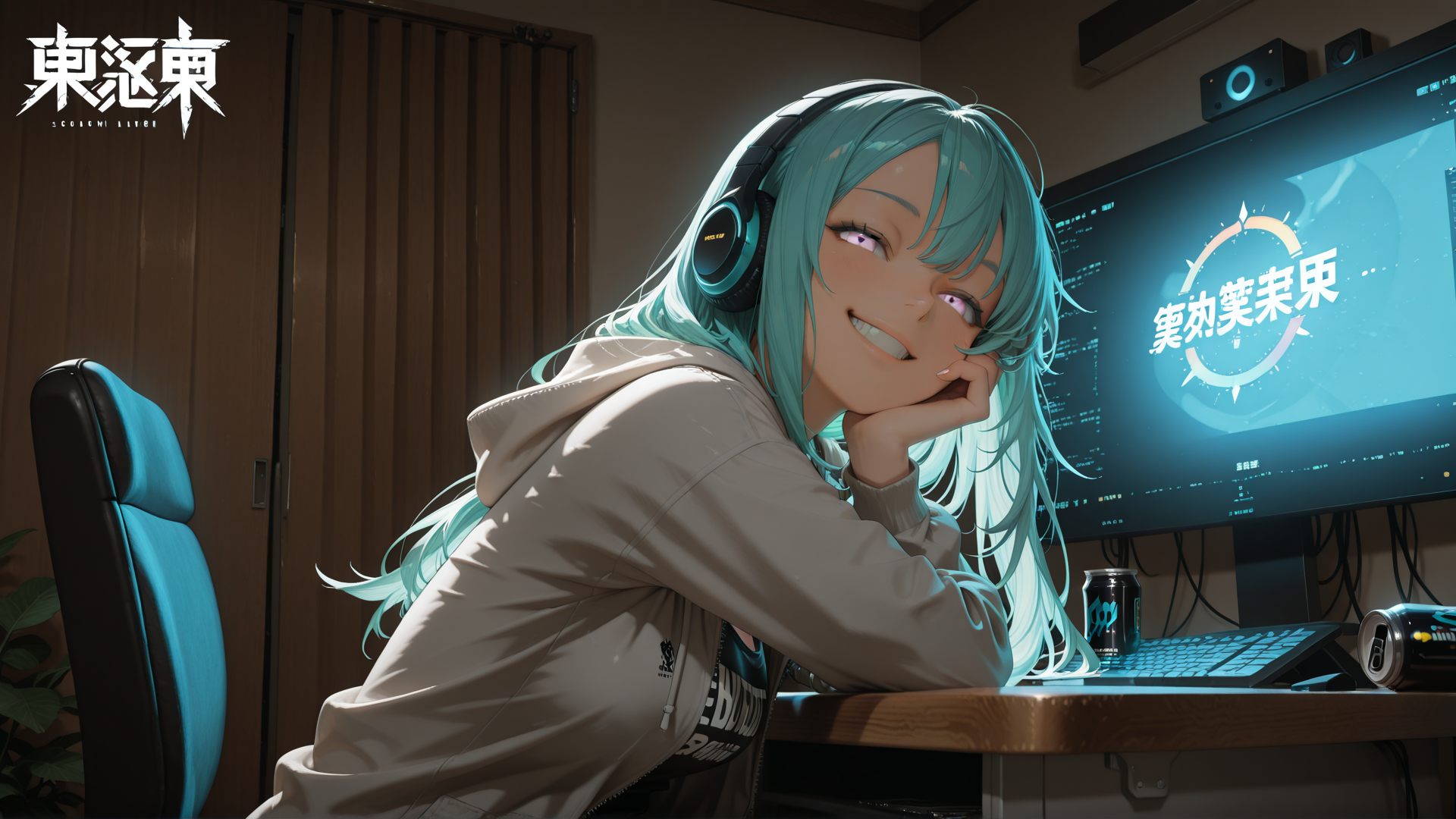 AI generated wallpaper featuring anime character, girl, headphones, computer, monitor, desk, chair, can, hair