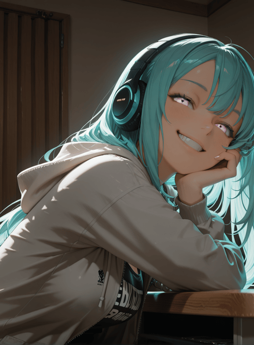 anime character, girl, headphones, computer, monitor, desk, chair, can, hair