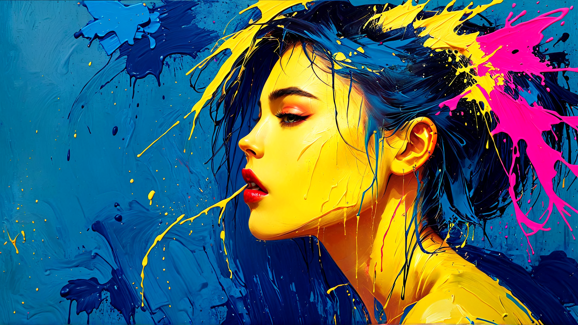 AI generated wallpaper featuring woman, paint, art, sunset, splatter