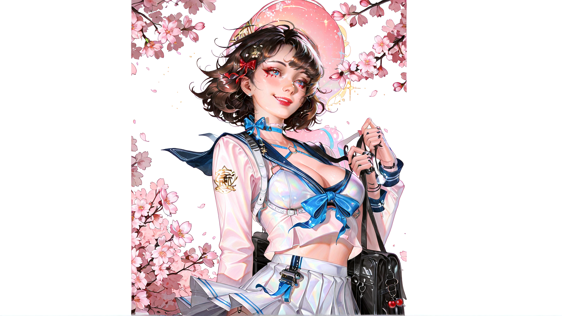 AI generated wallpaper featuring woman, cherry blossom, sailor uniform, handbag, bow, sunglasses