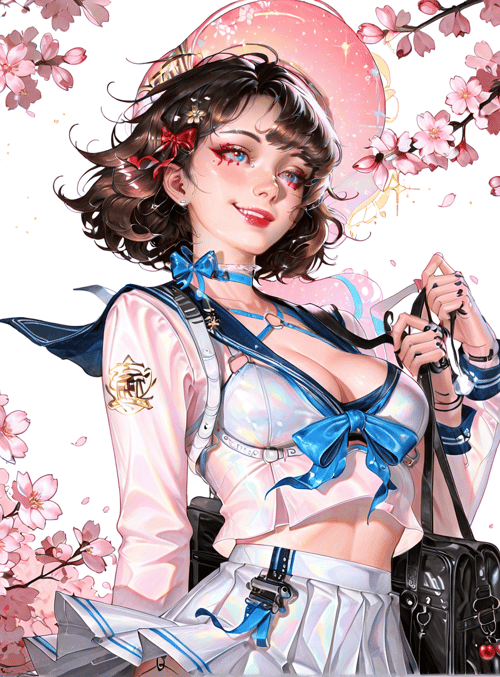 woman, cherry blossom, sailor uniform, handbag, bow, sunglasses
