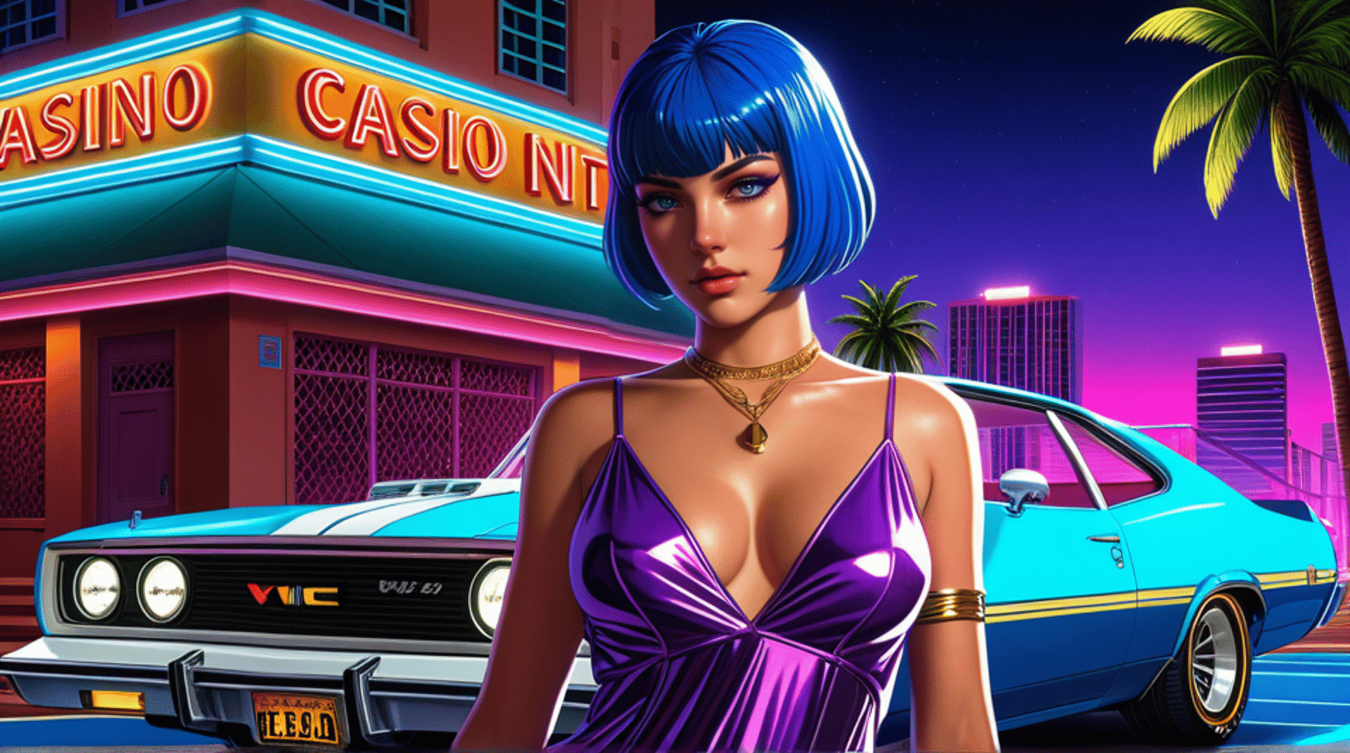 AI generated wallpaper featuring woman, car, casino