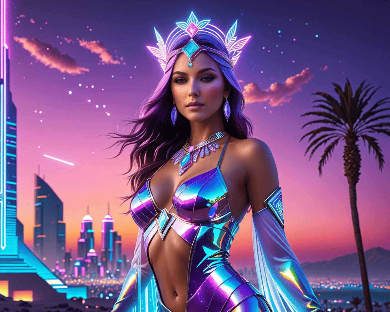 AI generated wallpaper featuring woman, cityscape, palm tree