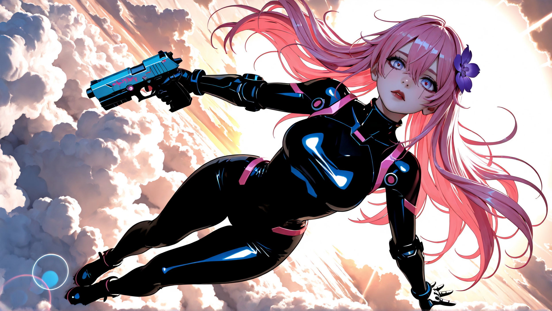 AI generated wallpaper featuring anime girl, gaming character, futuristic warrior, pistol, pink hair