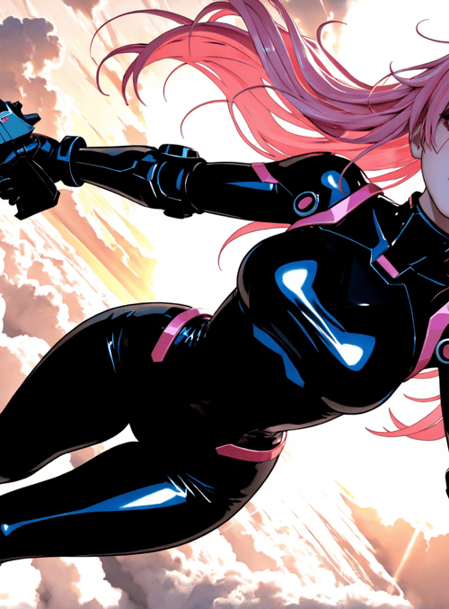 anime girl, gaming character, futuristic warrior, pistol, pink hair