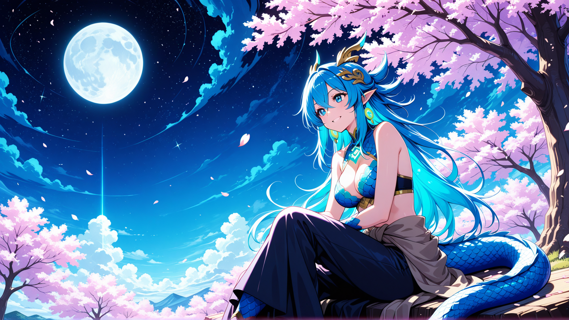 AI generated wallpaper featuring dragon, mermaid, cherry blossom, moon, elf, scales, hair, tree, star, sky