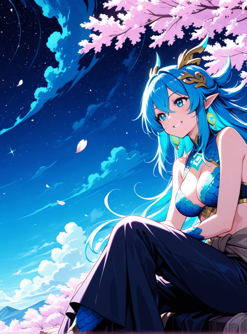 dragon, mermaid, cherry blossom, moon, elf, scales, hair, tree, star, sky