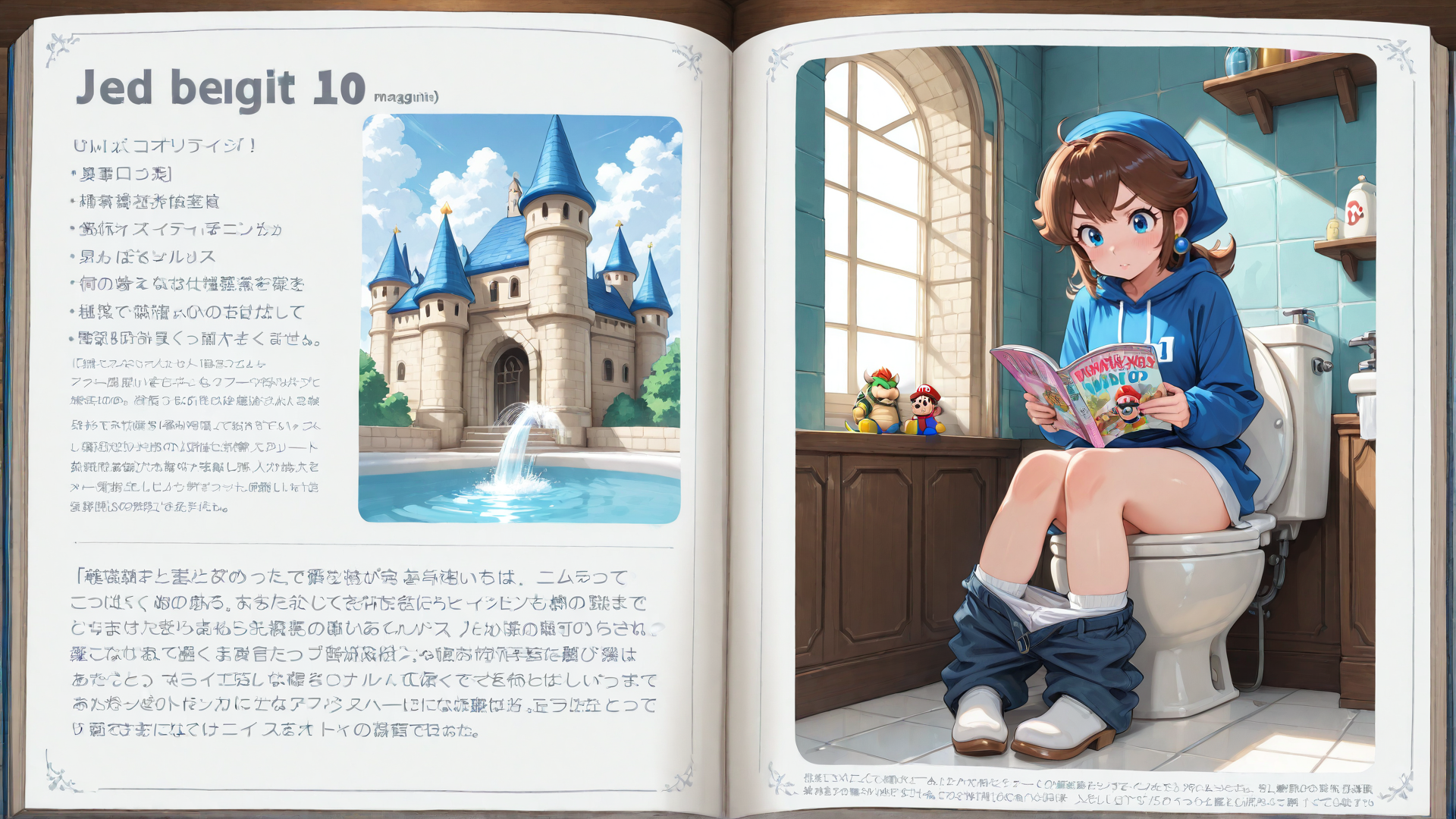 AI generated wallpaper featuring girl, toilet, book, castle, mario, koopa, toilet, hoodie, shoes, window