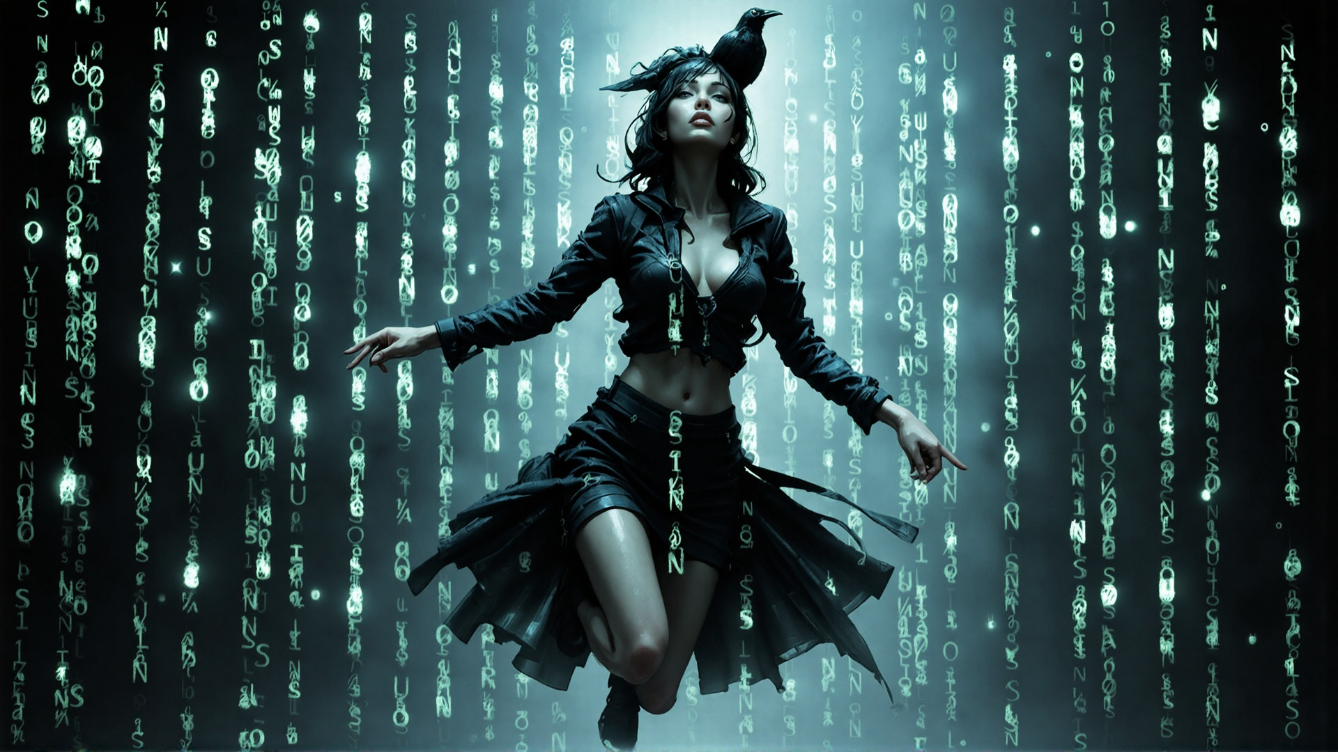 AI generated wallpaper featuring woman, crow, binary, digital, code