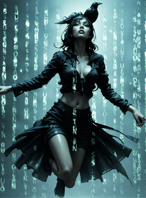 woman, crow, binary, digital, code