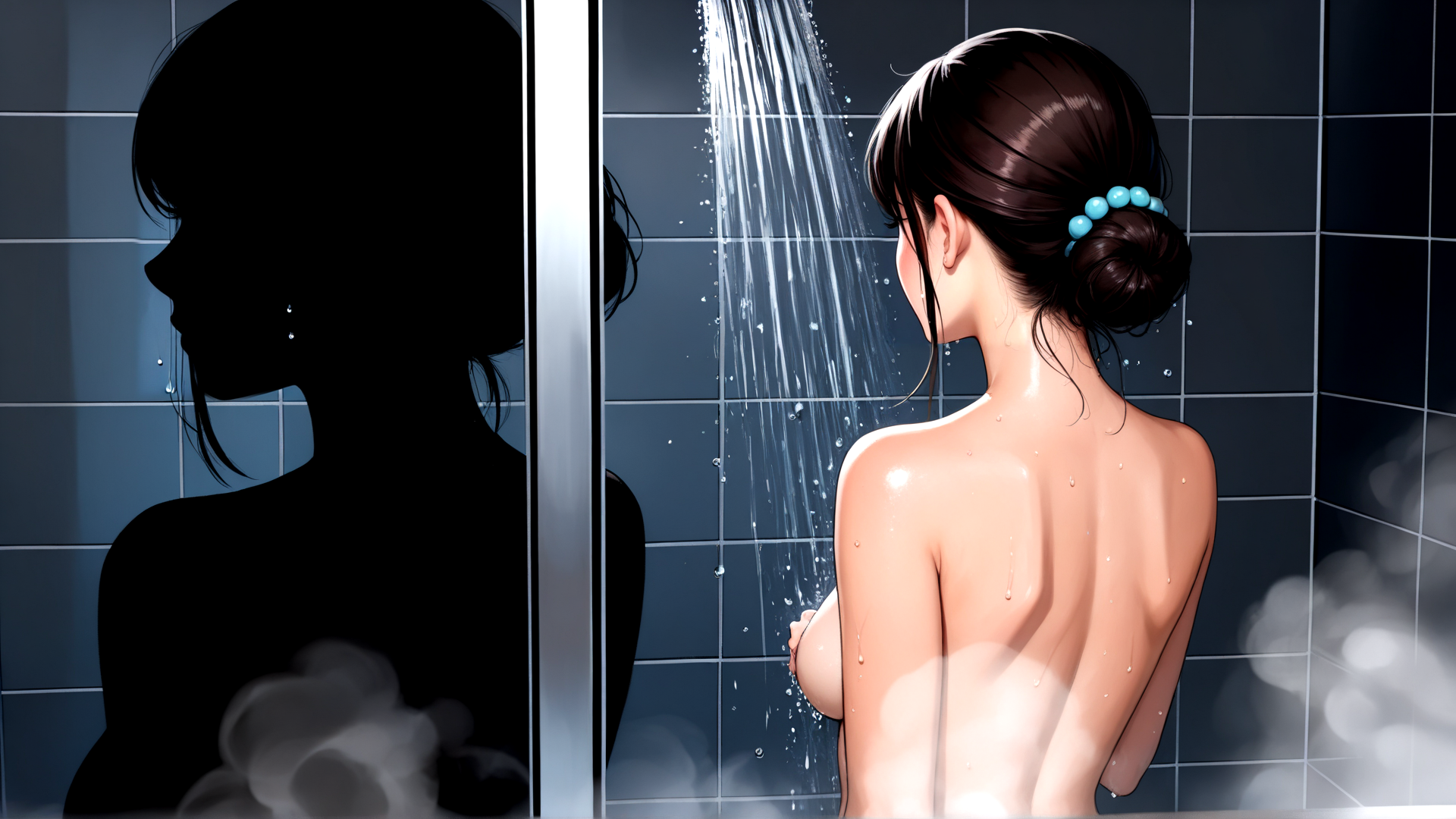 AI generated wallpaper featuring woman, shower, silhouette