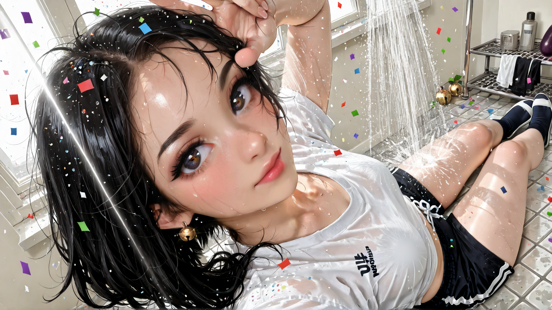 AI generated wallpaper featuring woman, confetti, shower, socks, t-shirt, shorts