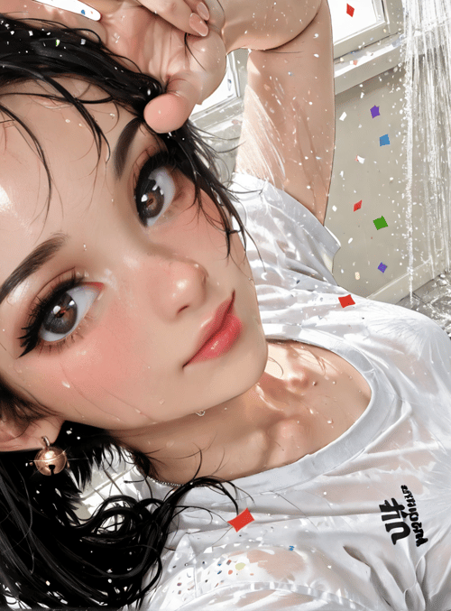 woman, confetti, shower, socks, t-shirt, shorts