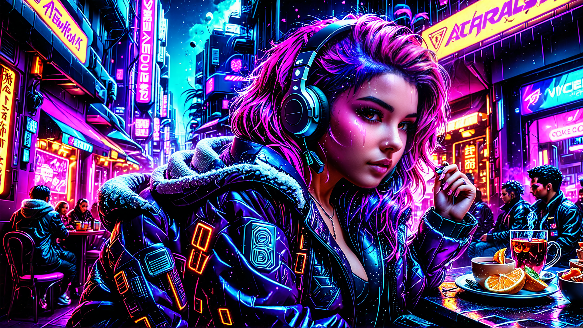 AI generated wallpaper featuring woman, neon, cyberpunk