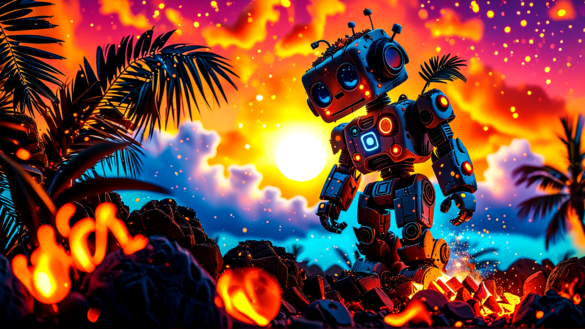 AI generated wallpaper featuring robot, palm tree, sunset, fire, rock