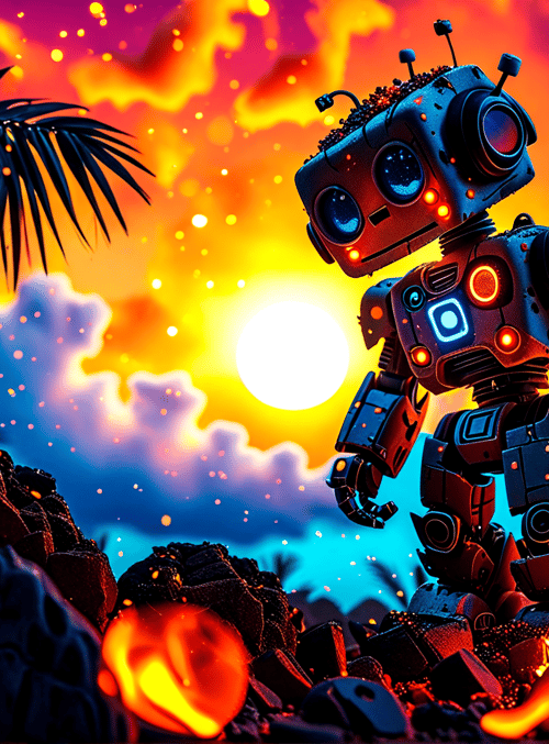 robot, palm tree, sunset, fire, rock