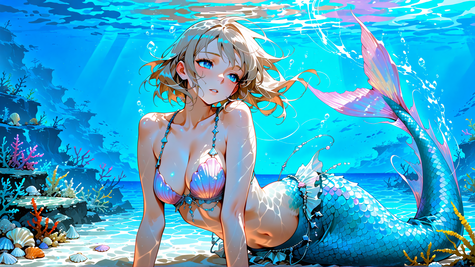 AI generated wallpaper featuring mermaid, seashell, coral, fish, ocean, sunlight, water, scales, bubbles, clams