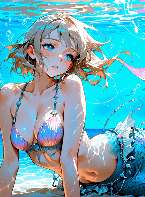 mermaid, seashell, coral, fish, ocean, sunlight, water, scales, bubbles, clams