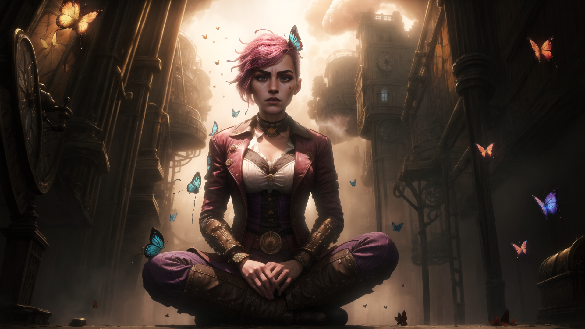 AI generated wallpaper featuring woman, butterflies, steampunk city