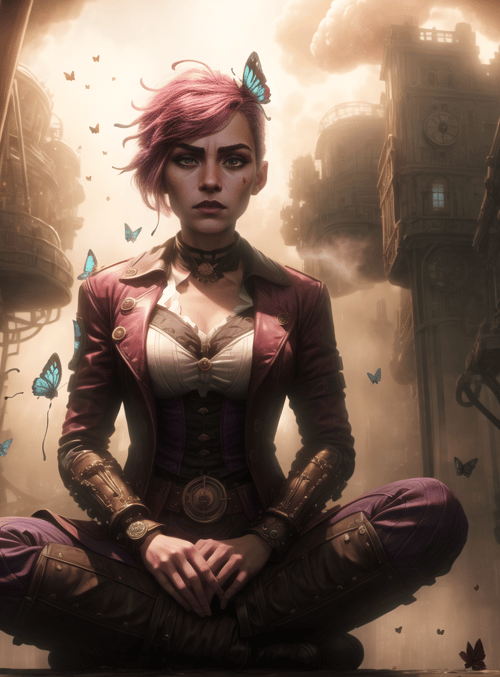 woman, butterflies, steampunk city
