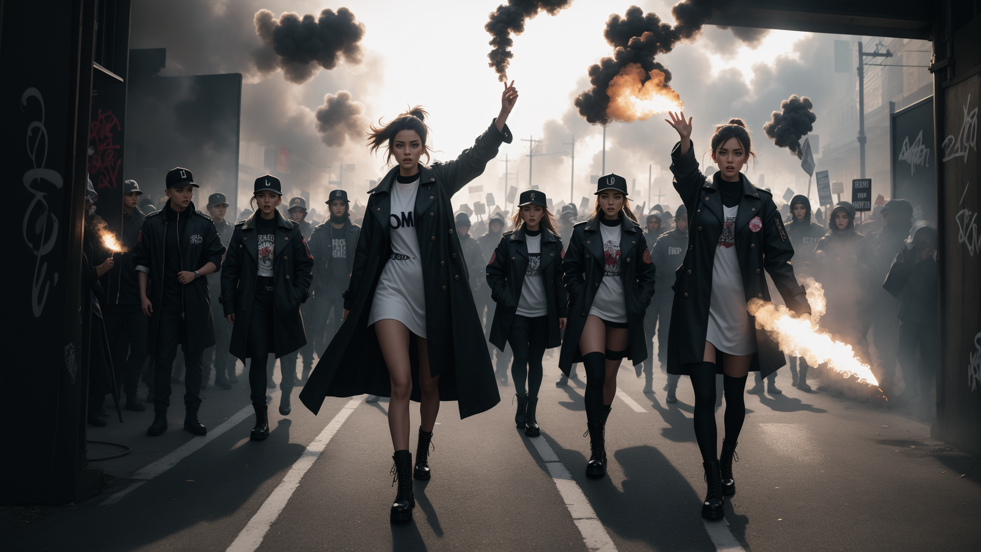 AI generated wallpaper featuring protesters, march, flames