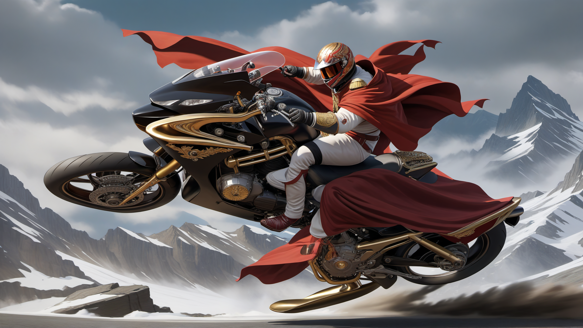 AI generated wallpaper featuring motorcyclist, motorcycle, cape