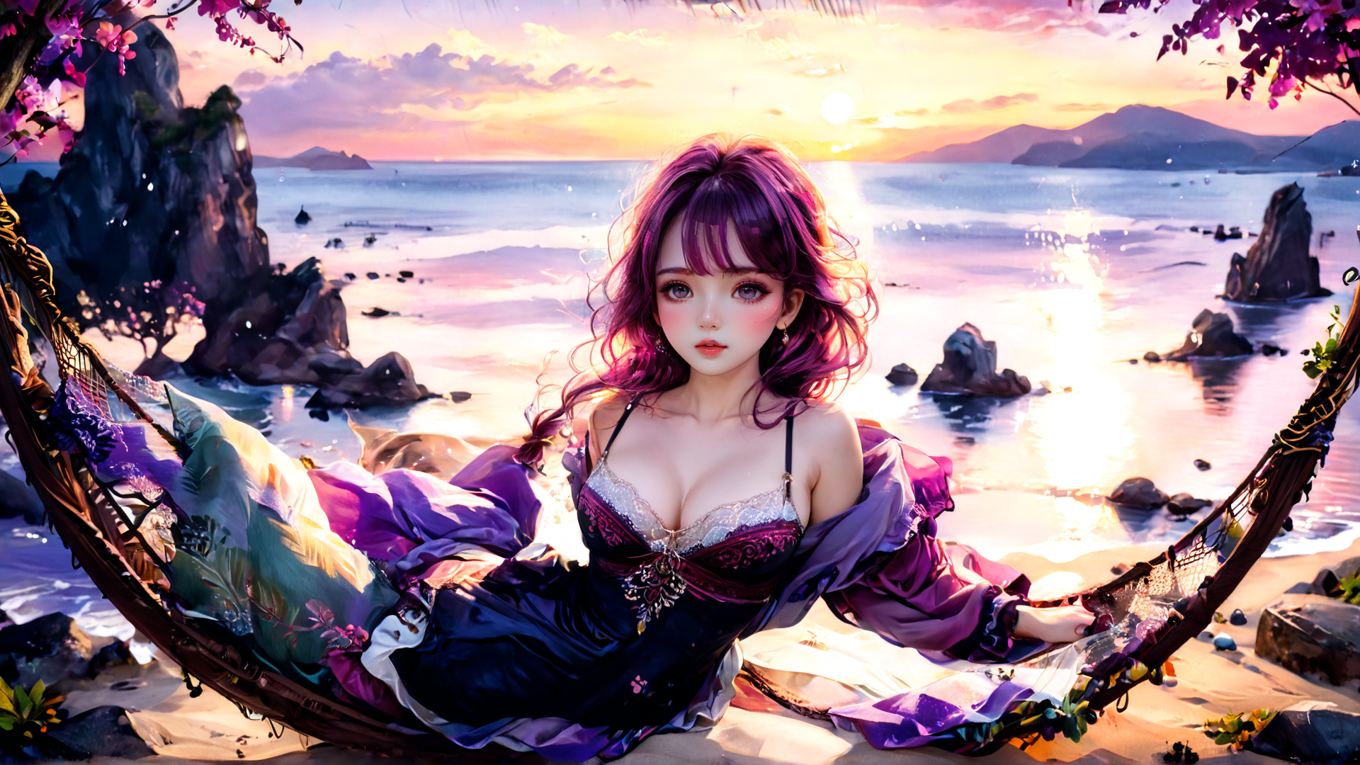 AI generated wallpaper featuring woman, hammock, seascape
