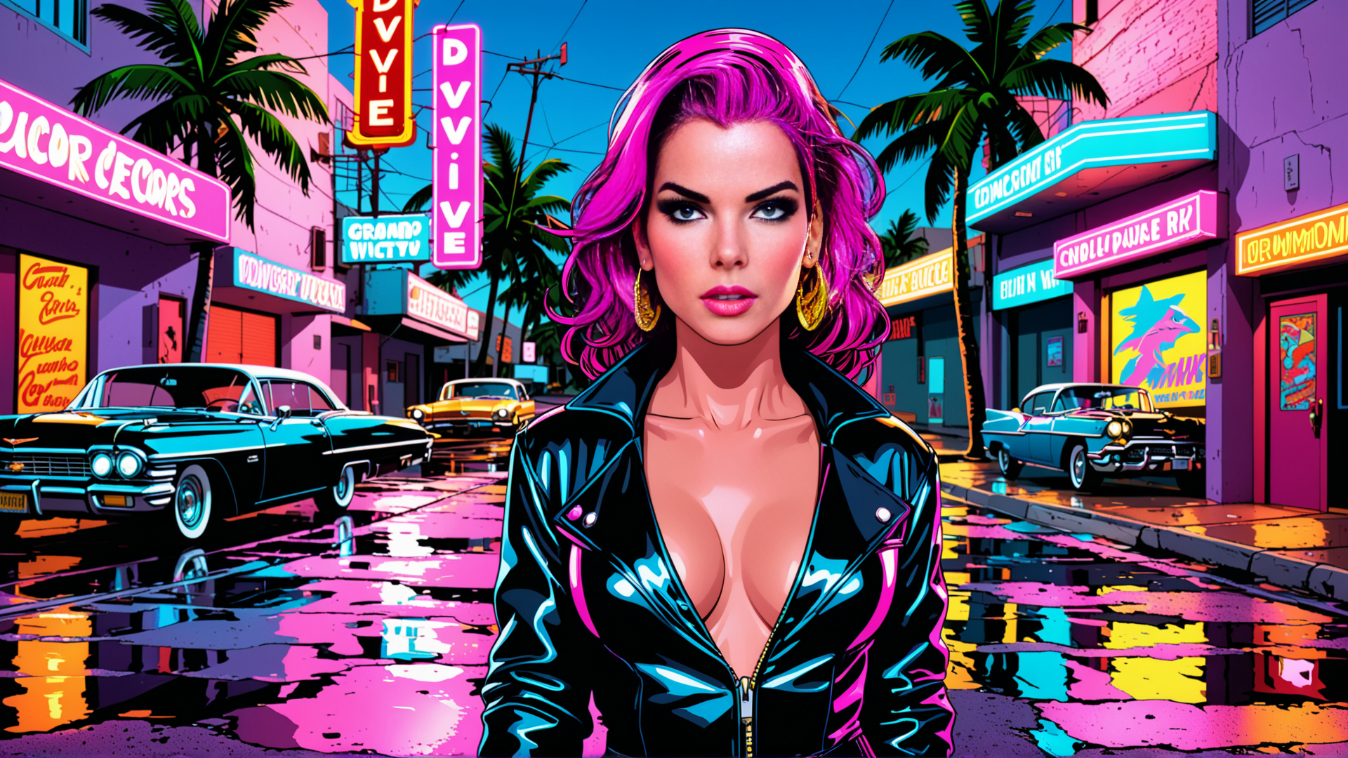 AI generated wallpaper featuring woman, street, cars