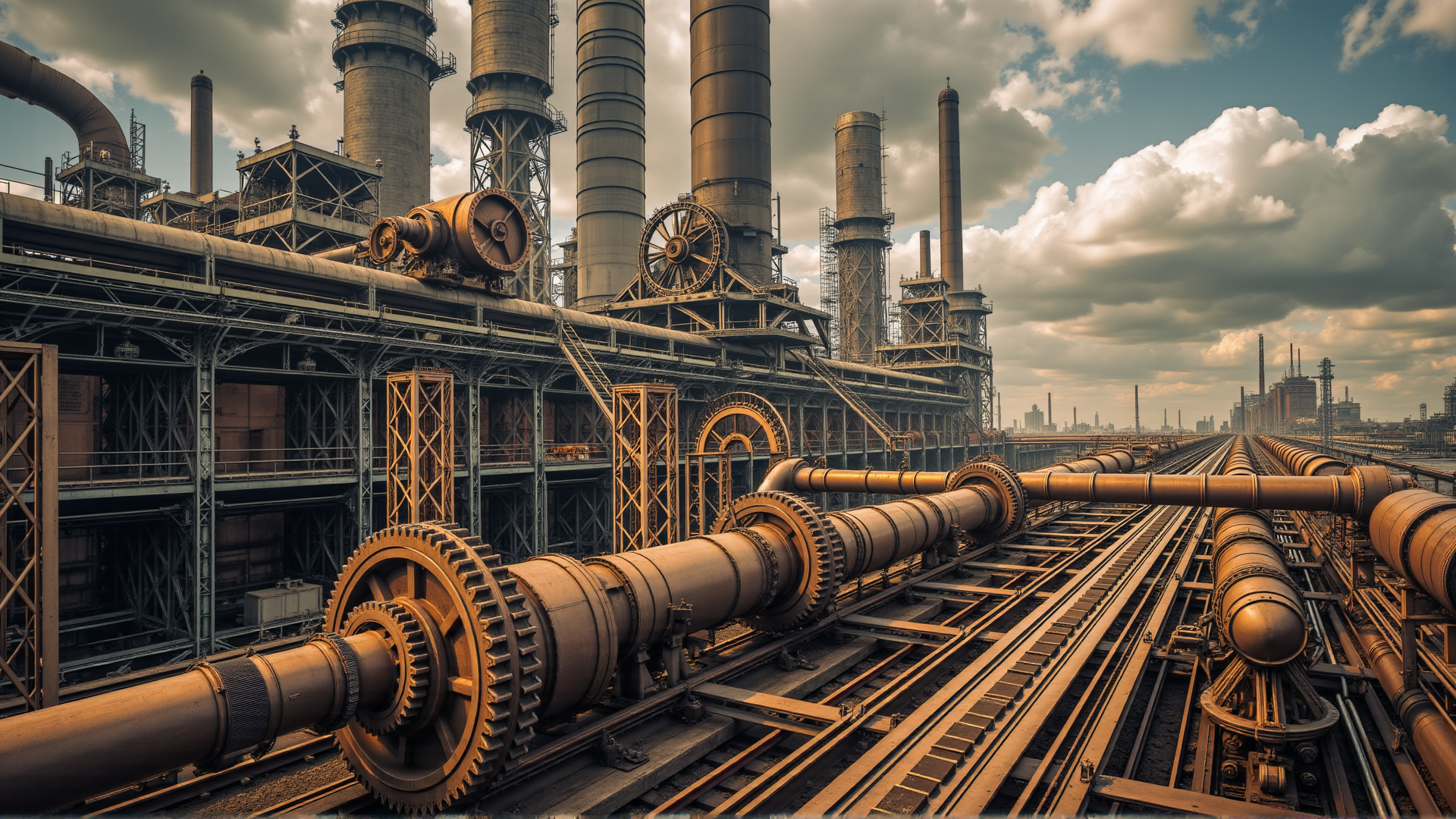 AI generated wallpaper featuring factory, towers, pipes, gears, structures, industrial, wheels, buildings, rails, conveyors