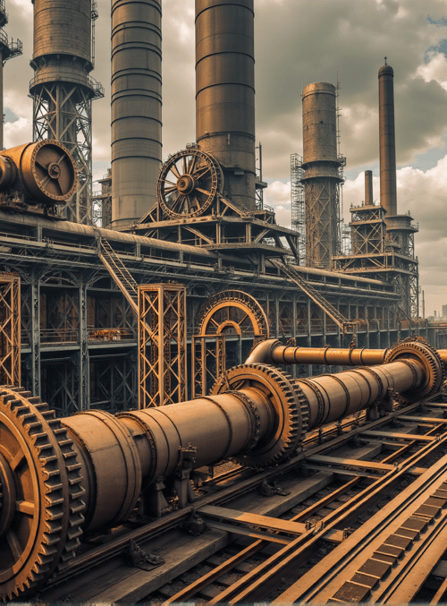 factory, towers, pipes, gears, structures, industrial, wheels, buildings, rails, conveyors