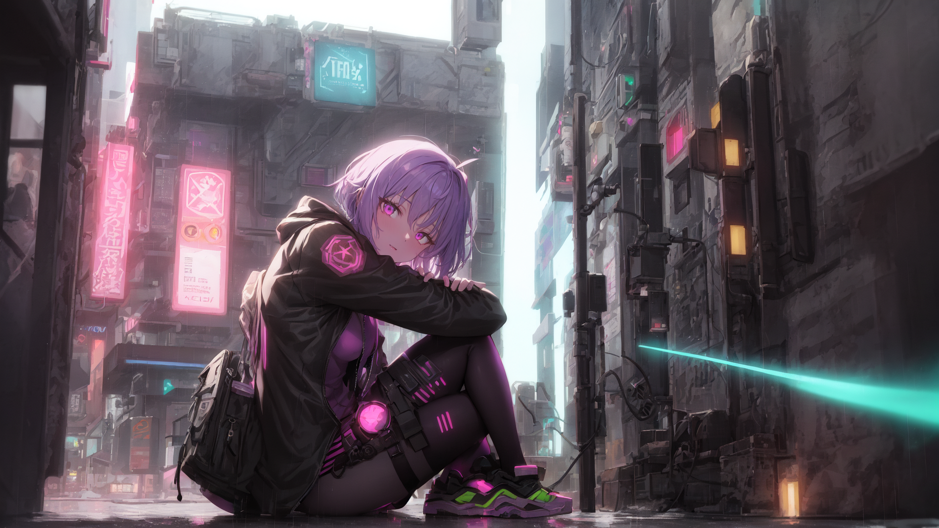 AI generated wallpaper featuring girl, cyberpunk, city
