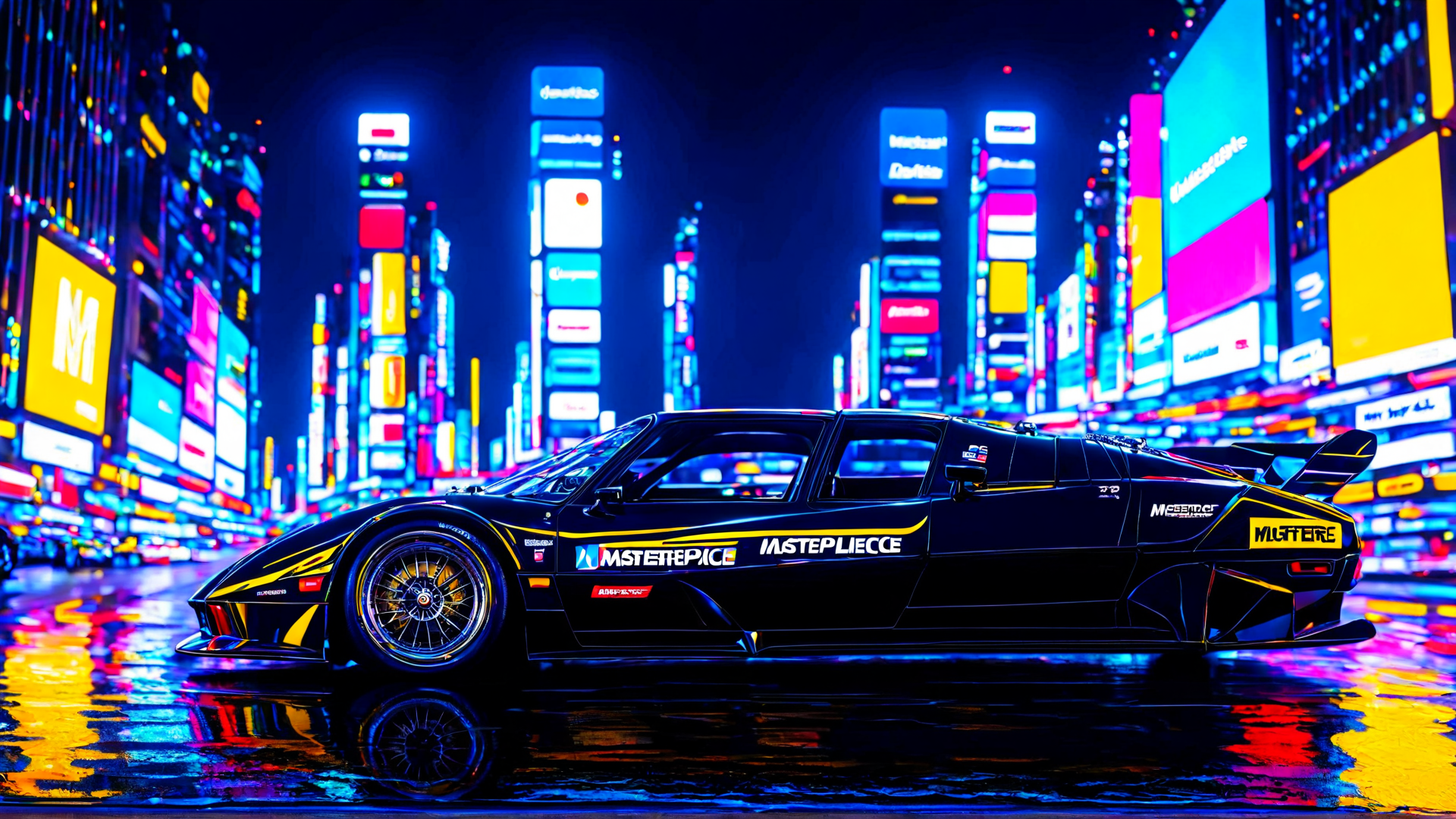 AI generated wallpaper featuring car, cityscape, neon lights, street, buildings