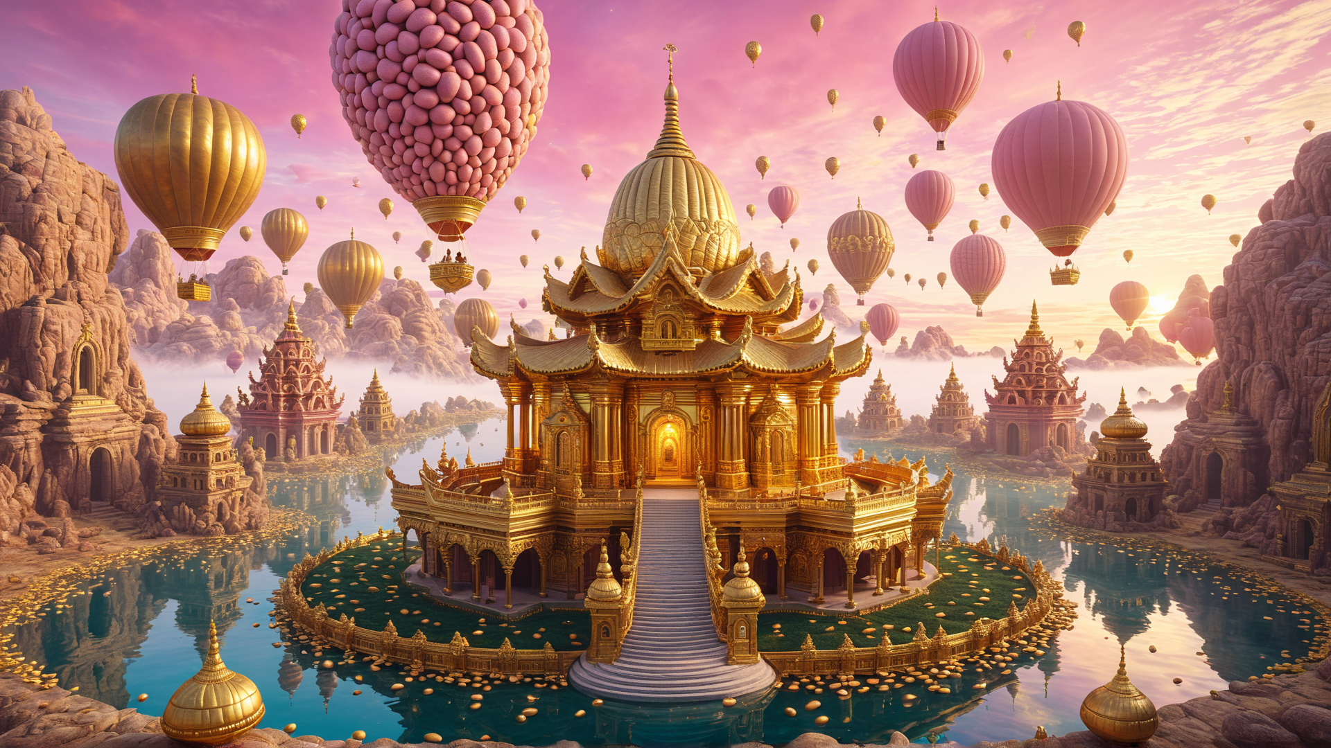 AI generated wallpaper featuring temple, hot air balloon, water, mountain, golden structure