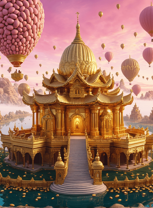 temple, hot air balloon, water, mountain, golden structure