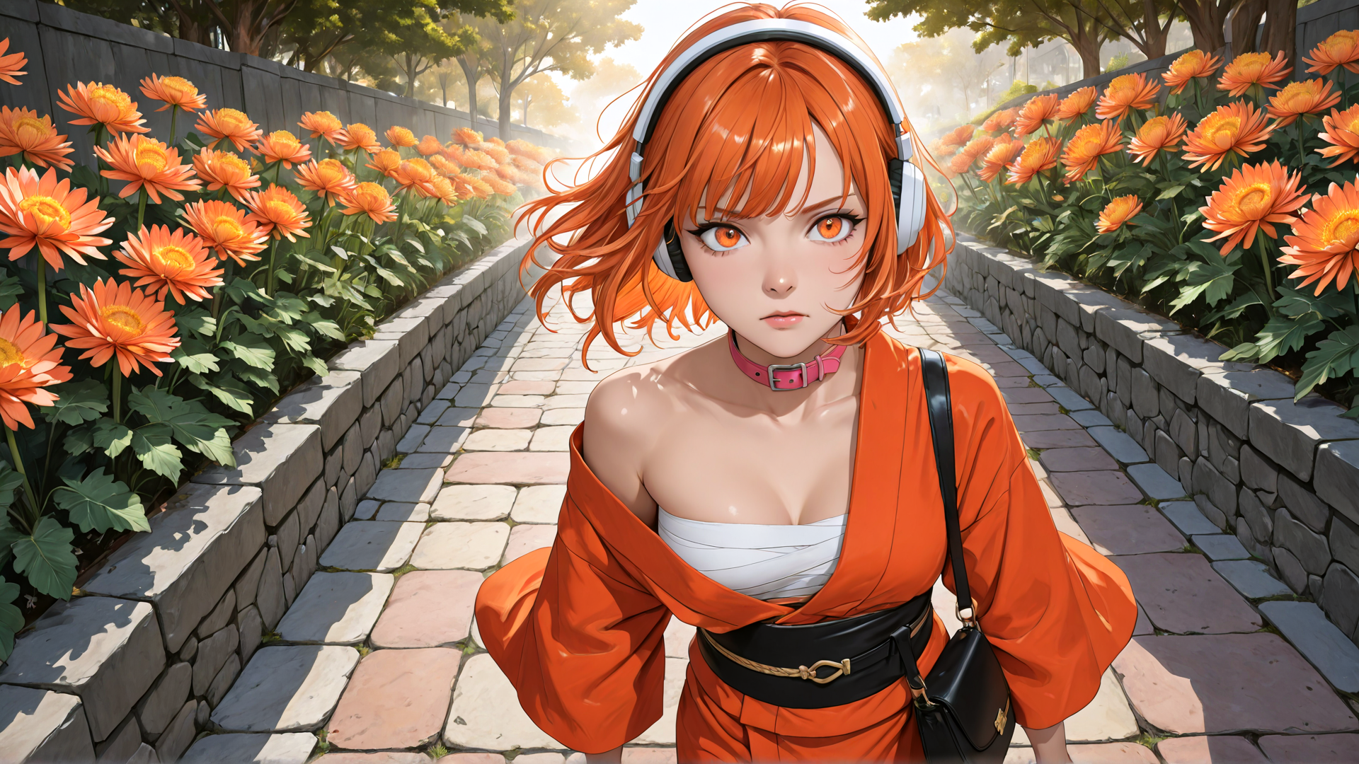 AI generated wallpaper featuring girl, flowers, path, headphones, choker, satchel