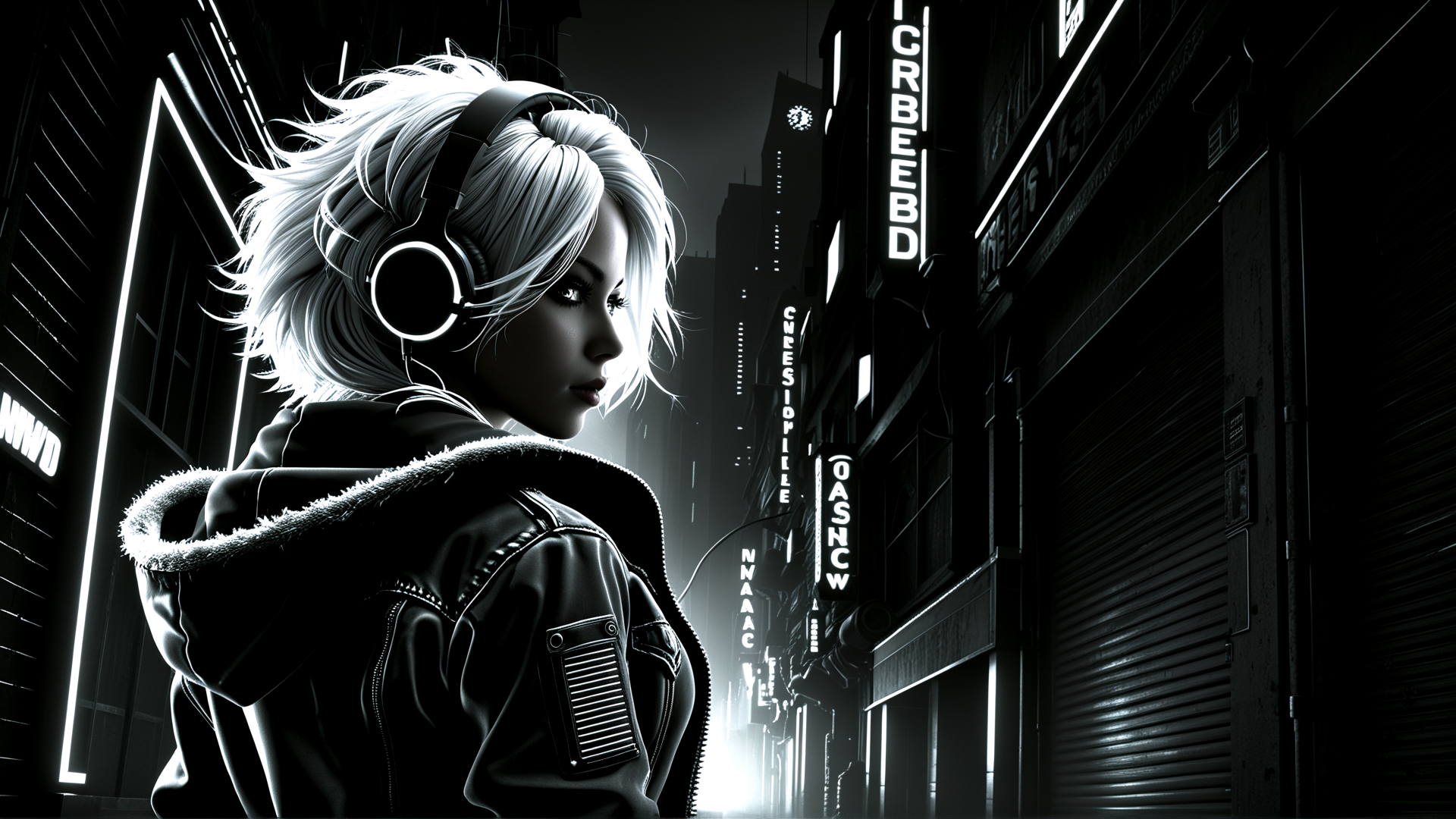 AI generated wallpaper featuring woman, headphones, jacket, cityscape, neon signs