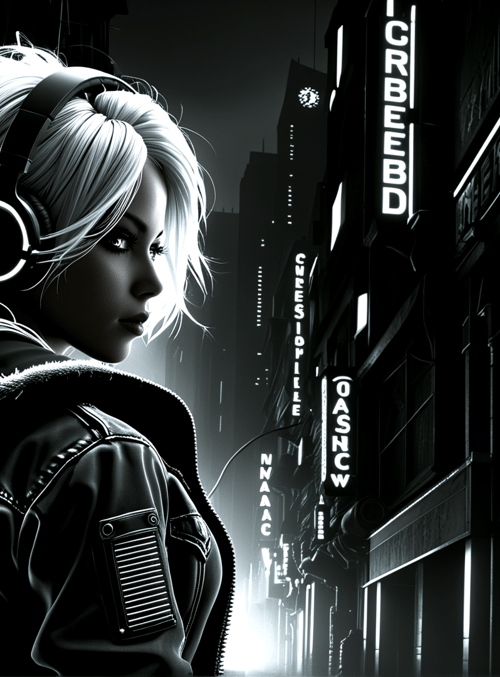 woman, headphones, jacket, cityscape, neon signs