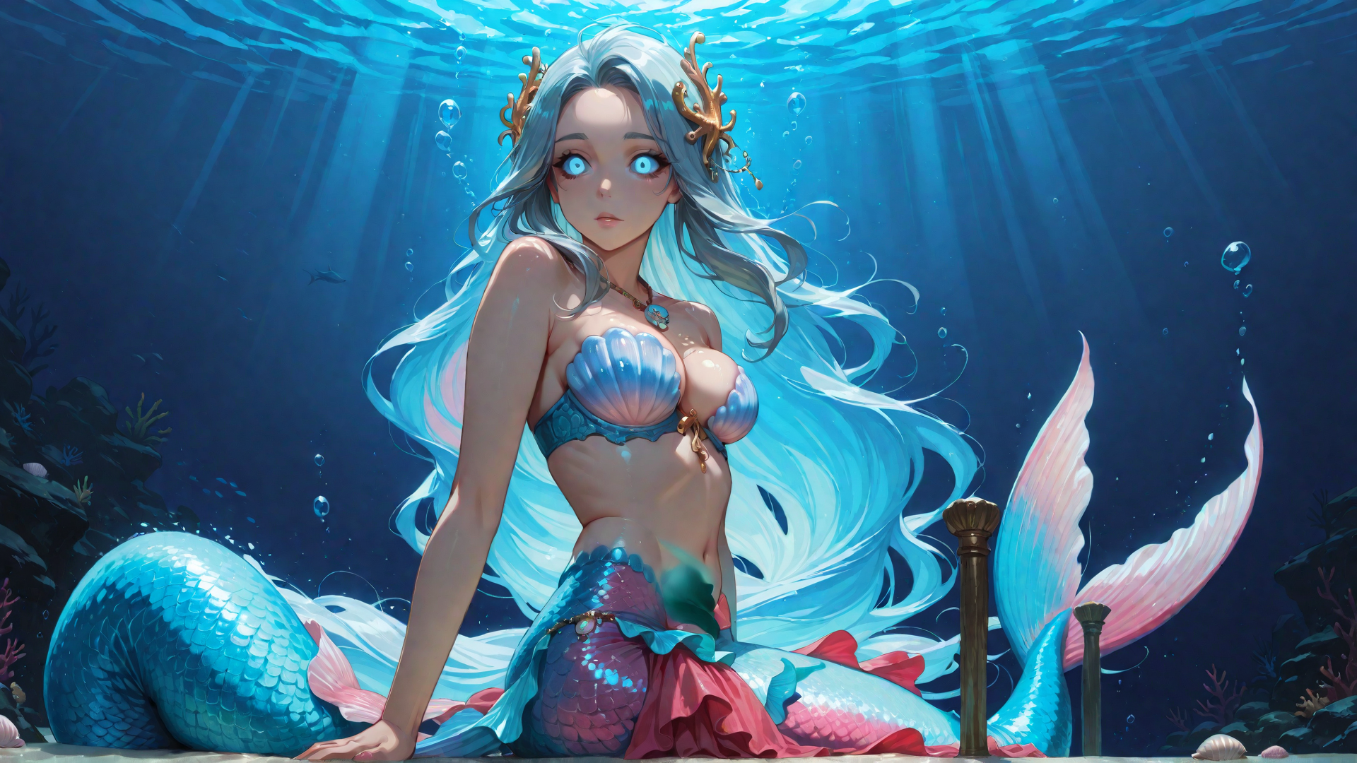 AI generated wallpaper featuring mermaid, seaweed, coral, fish, bubbles, scales, underwater, light, sunbeams, sea