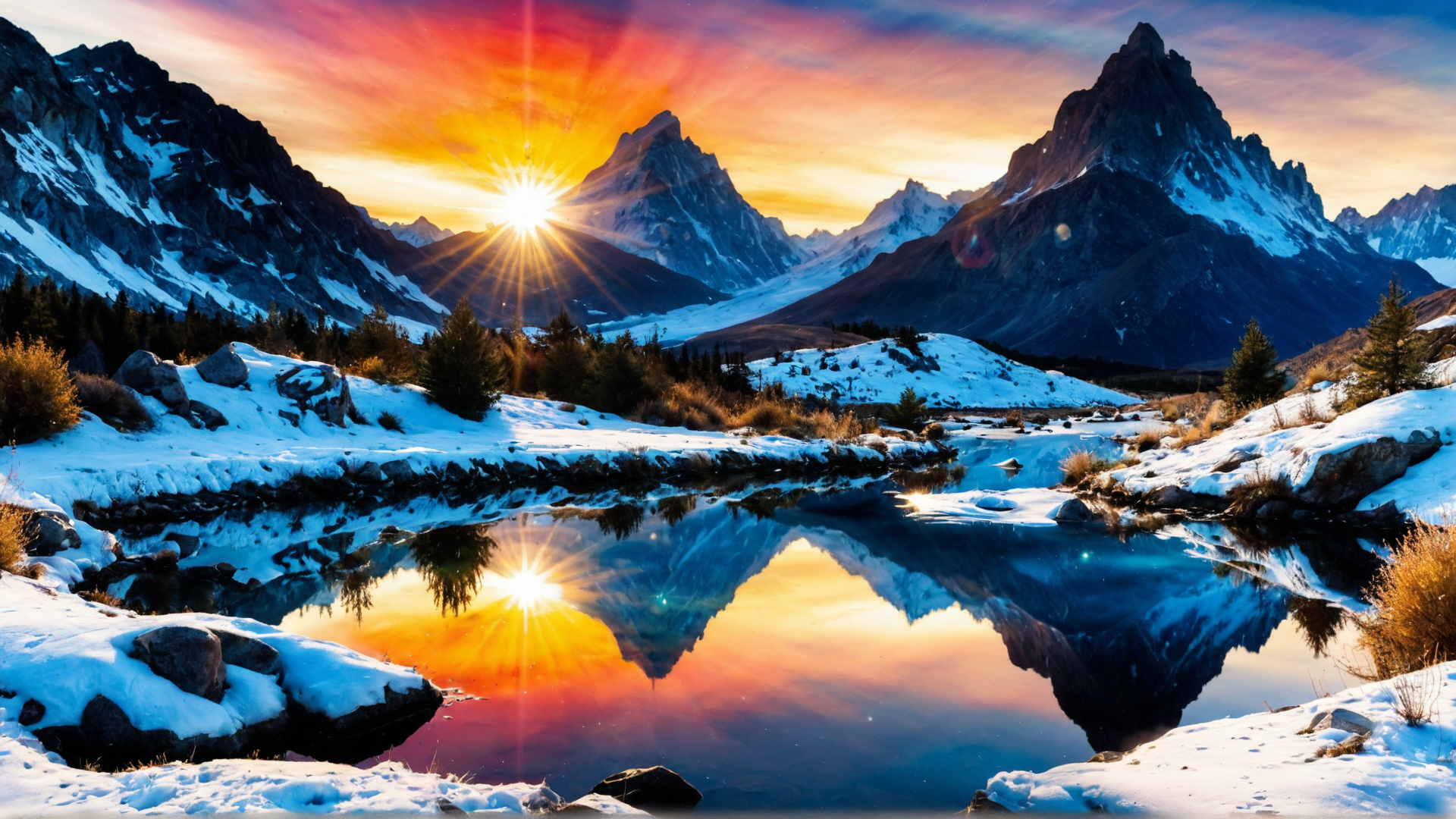 AI generated wallpaper featuring mountain, sun, lake, snow, trees, rock, reflection, sky, valley, sunrise
