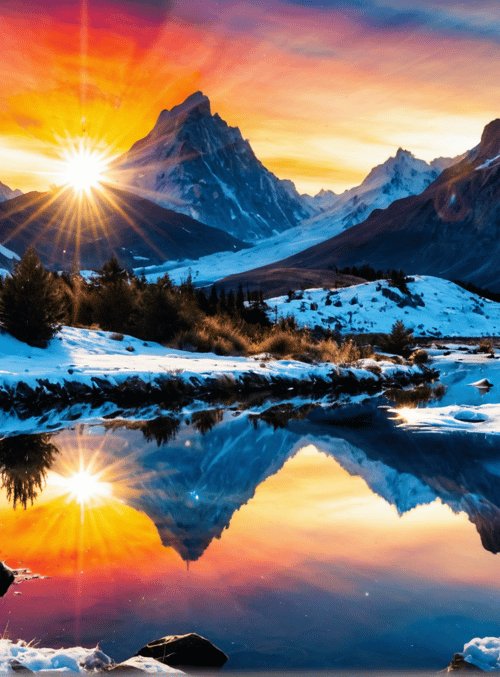 mountain, sun, lake, snow, trees, rock, reflection, sky, valley, sunrise