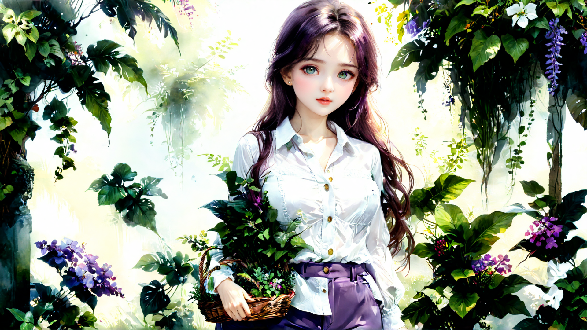AI generated wallpaper featuring woman, basket, plants